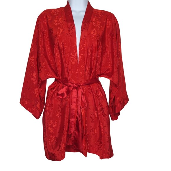 New Vintage 90s Mervyns Sabrina Red Floral Kimono Robe Jacket OS Belted USA Made - Picture 1 of 9